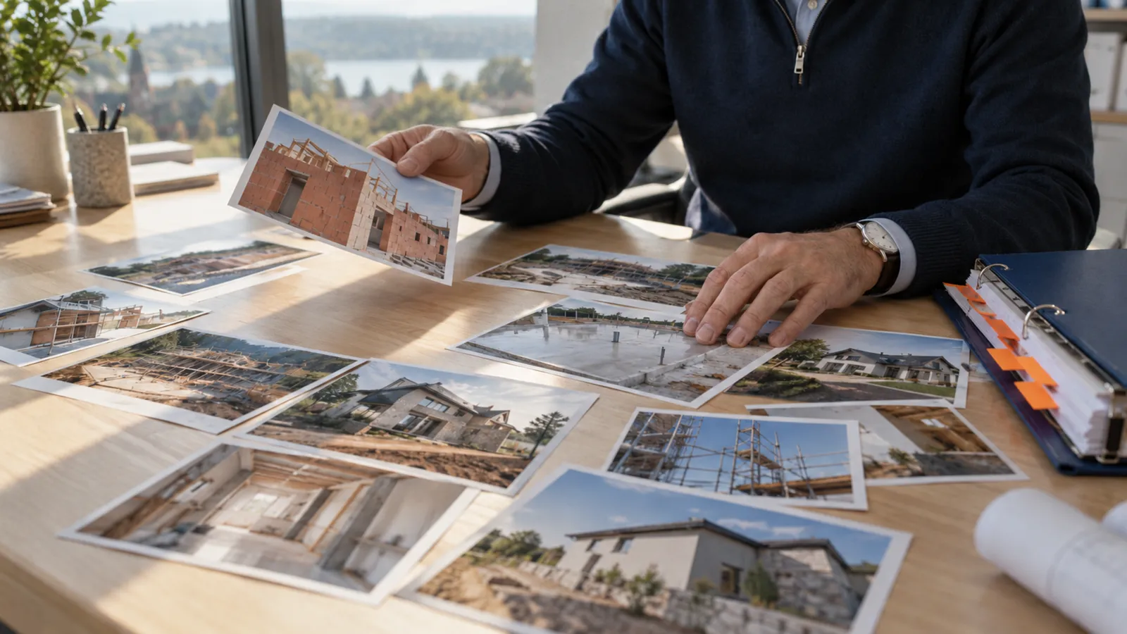 Des mains trient des photos de chantiers à côté d'un classeur bleu à onglets orange
