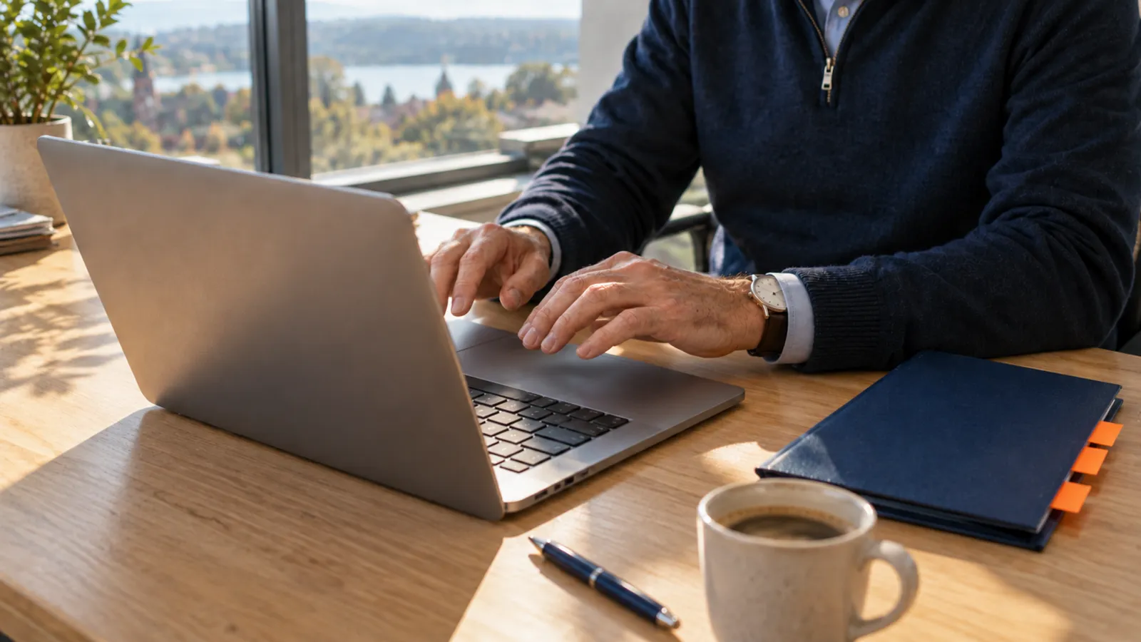 Un bureau avec un ordinateur portable et un classeur bleu à onglets orange